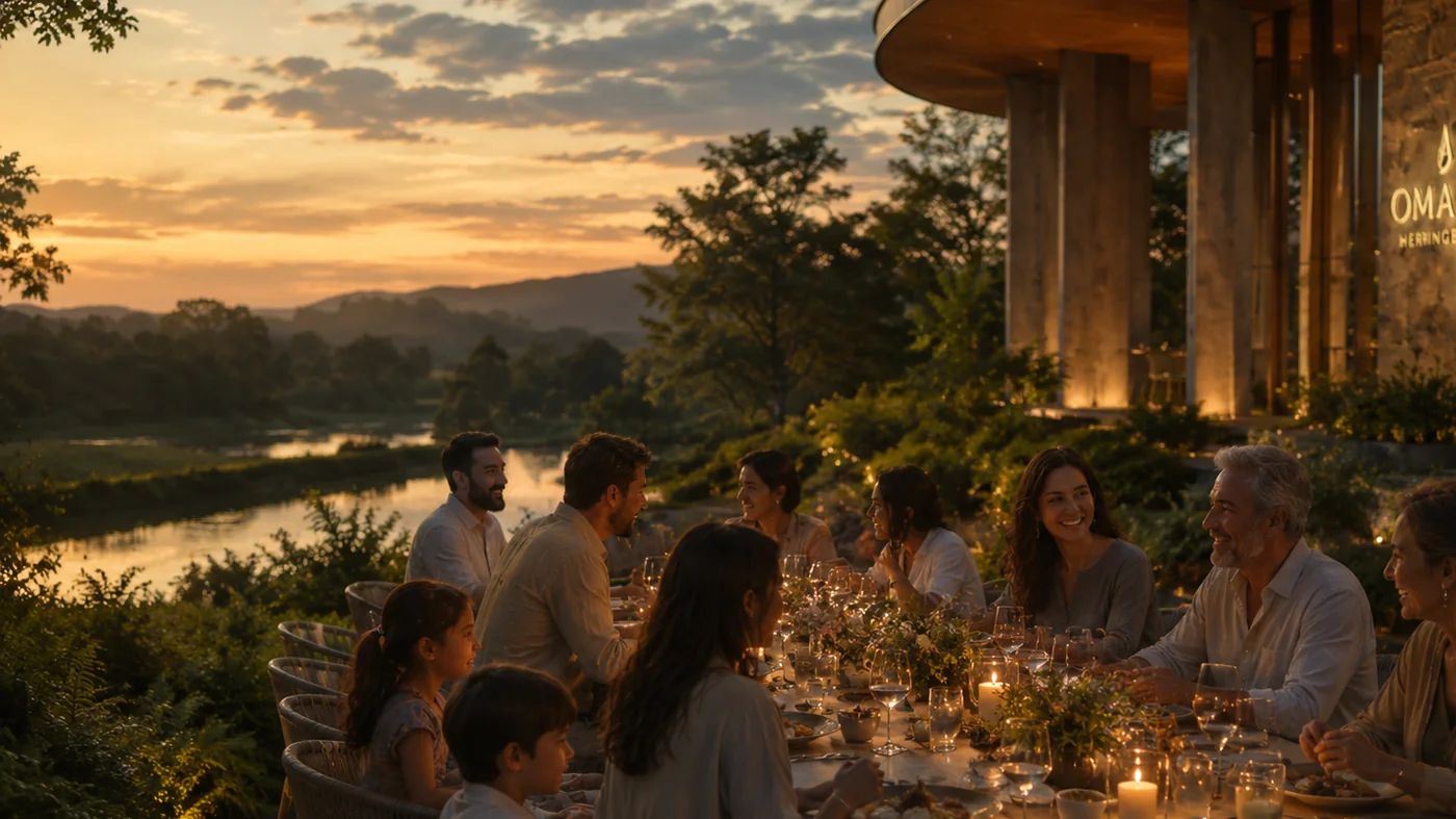 A multigenerational gathering around a garden table at golden hour