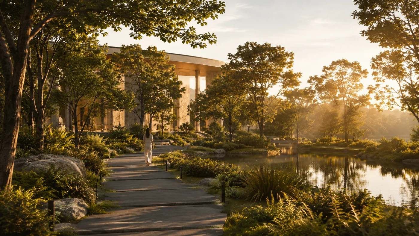 Shaded landscaped paths and mature trees