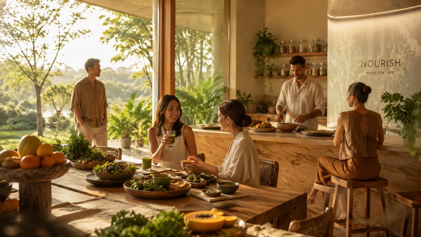 Family sharing food in a warm indoor-outdoor residence
